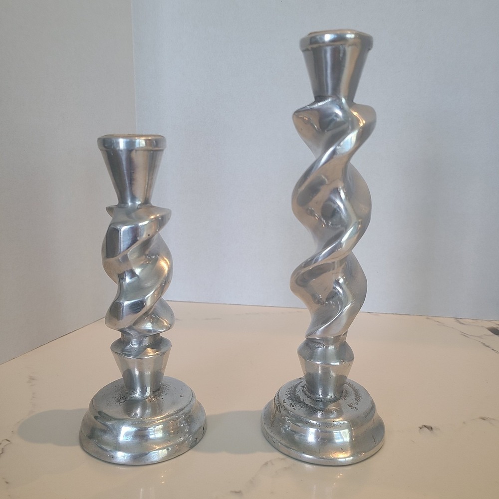 Set‎ Of Spiral pewter Metal Candlesticks 7 And 9 Inches Tall Made In Mexico